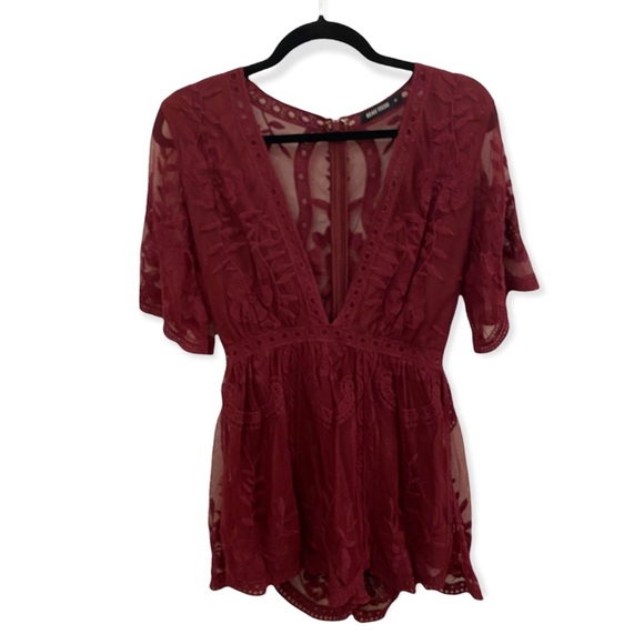 beau tissu Pants - Beau Tissu Maroon Colored Lace Romper. V Neck, Sleeves and Back see-through Lace